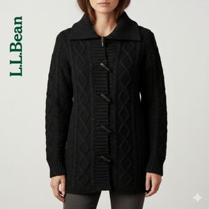 Sz M L.L.Bean Wool Long Black Cable Knit Women's Sweater Button-Front Cardigan